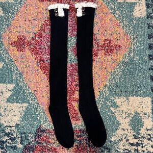 Black Knit Knee High Socks with White Lace Trim and Button Details